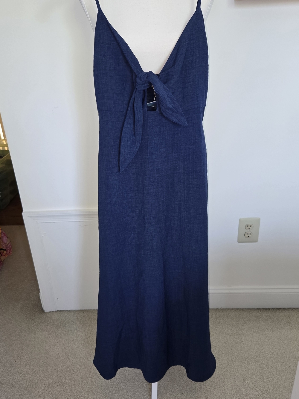 NWT Tie-Front Navy Blue Spaghetti Strap Midi Sun Dress Womens Size S - Picture 5 of 11